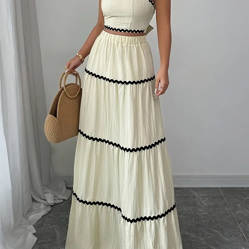 Elegant Cream Midi Dress with Black Accents